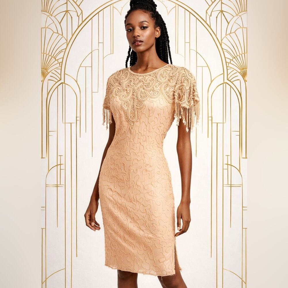 Vtg Lew Magram NY Beaded Silk Apricot Fringe Sleeve Cocktail Dress M Art Deco